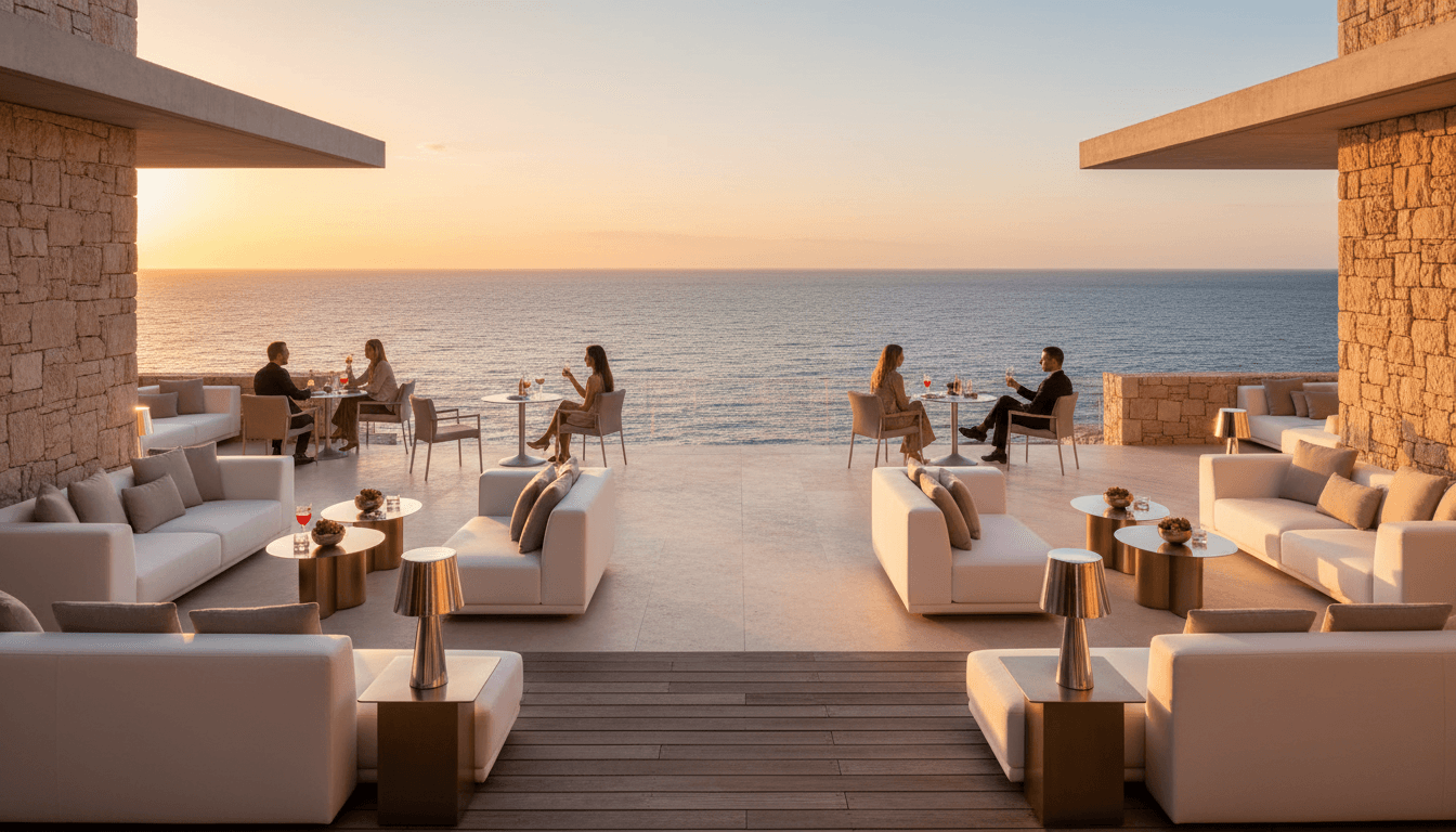 Varanda do Mercure Camboriu com vista para a praia e a cidade de Balneário Camboriú ao entardecer