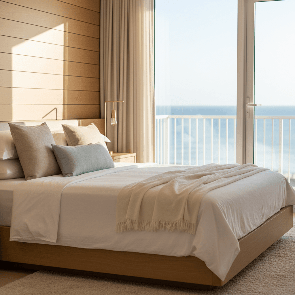 Quarto moderno do Mercure Camboriu com vista para o mar