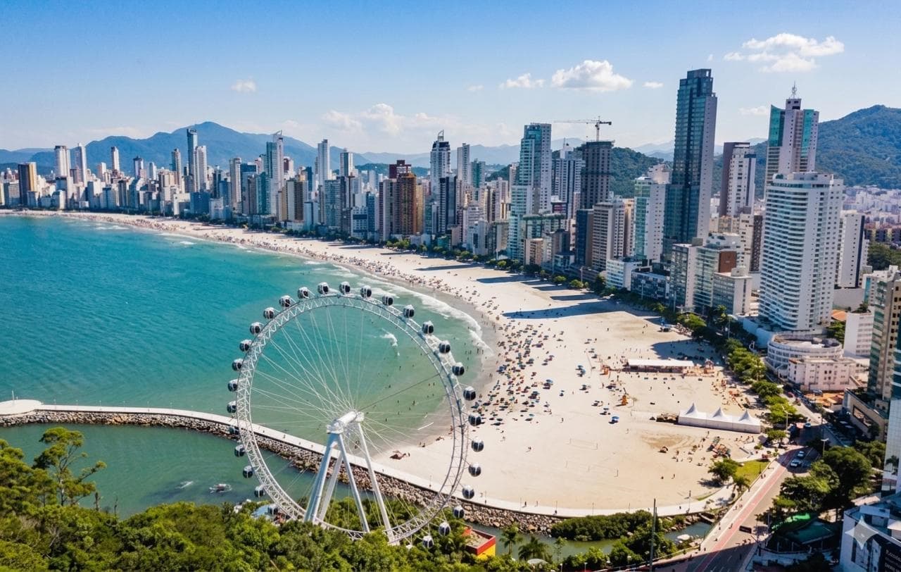 Vista aérea da roda gigante em Balneário Camboriú com praia, mar azul e prédios altos.